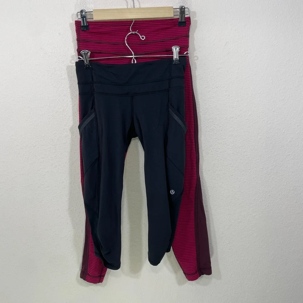 Lululemon Womens Size 4 LOT OF  2 Leggings Black and Striped Pink‎ TINY STAINS!